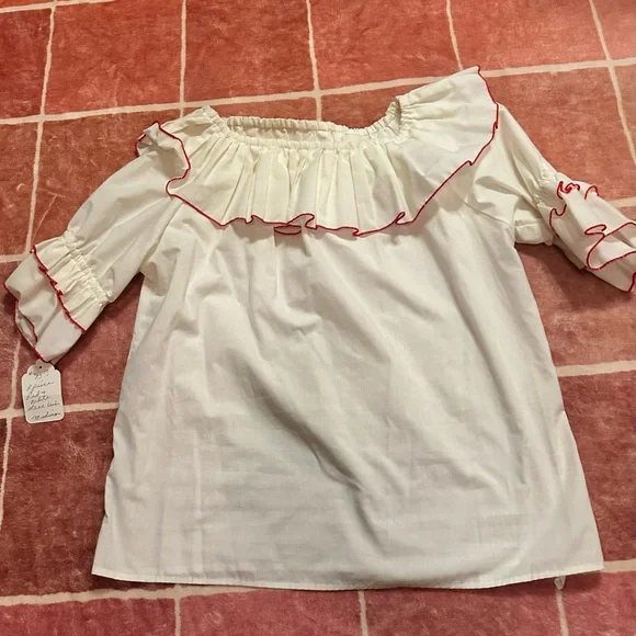 Women's White Ruffle Off-Shoulder Blouse with Red Trim - Picture 3 of 3
